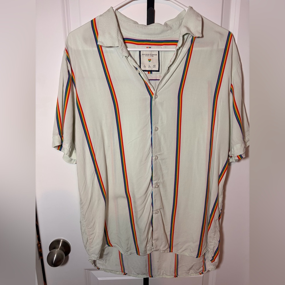 Denim & Flower White Collared Shirt with Rainbow Stripes- LGBTQ+- Large